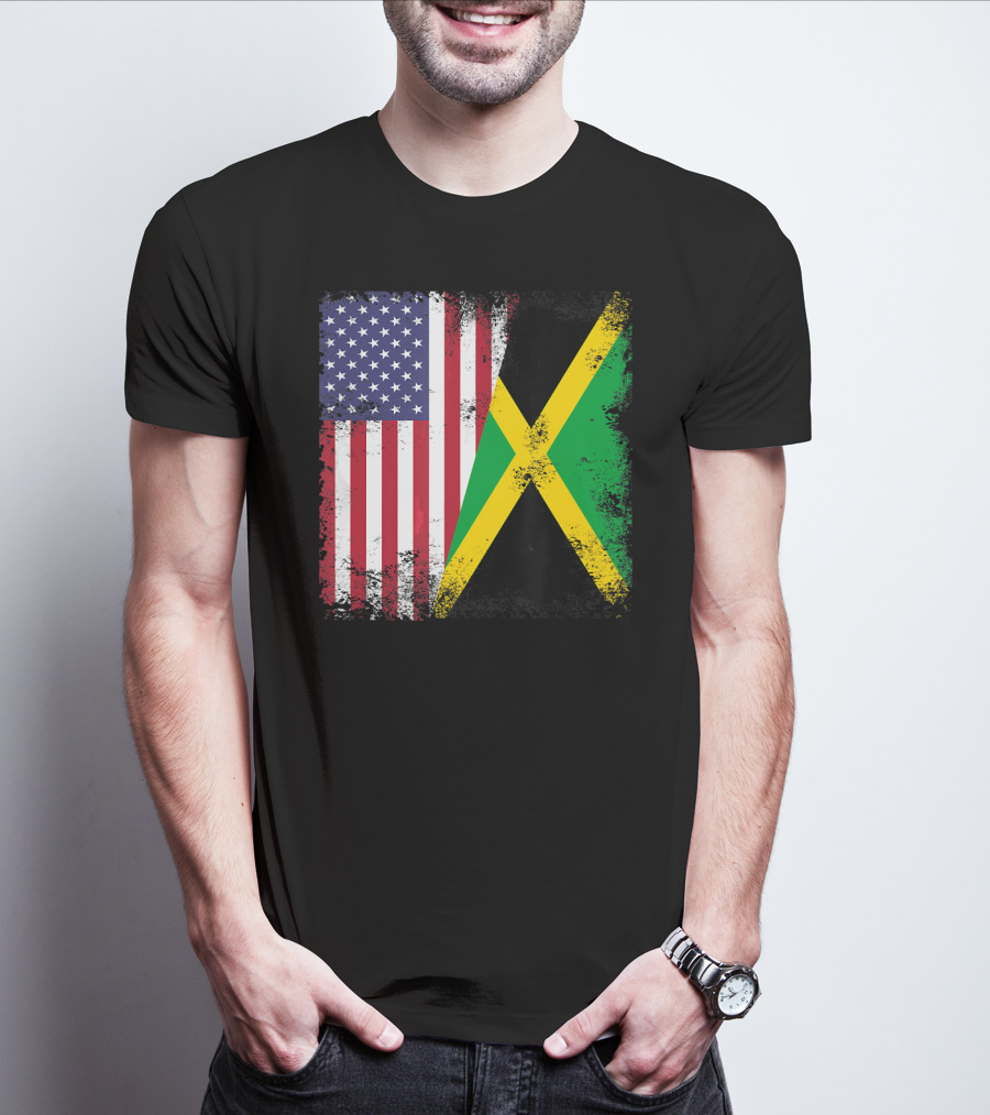 Half Jamaican Flag Vintage Jamaica U.S.A. Flag Overlay T-Shirt