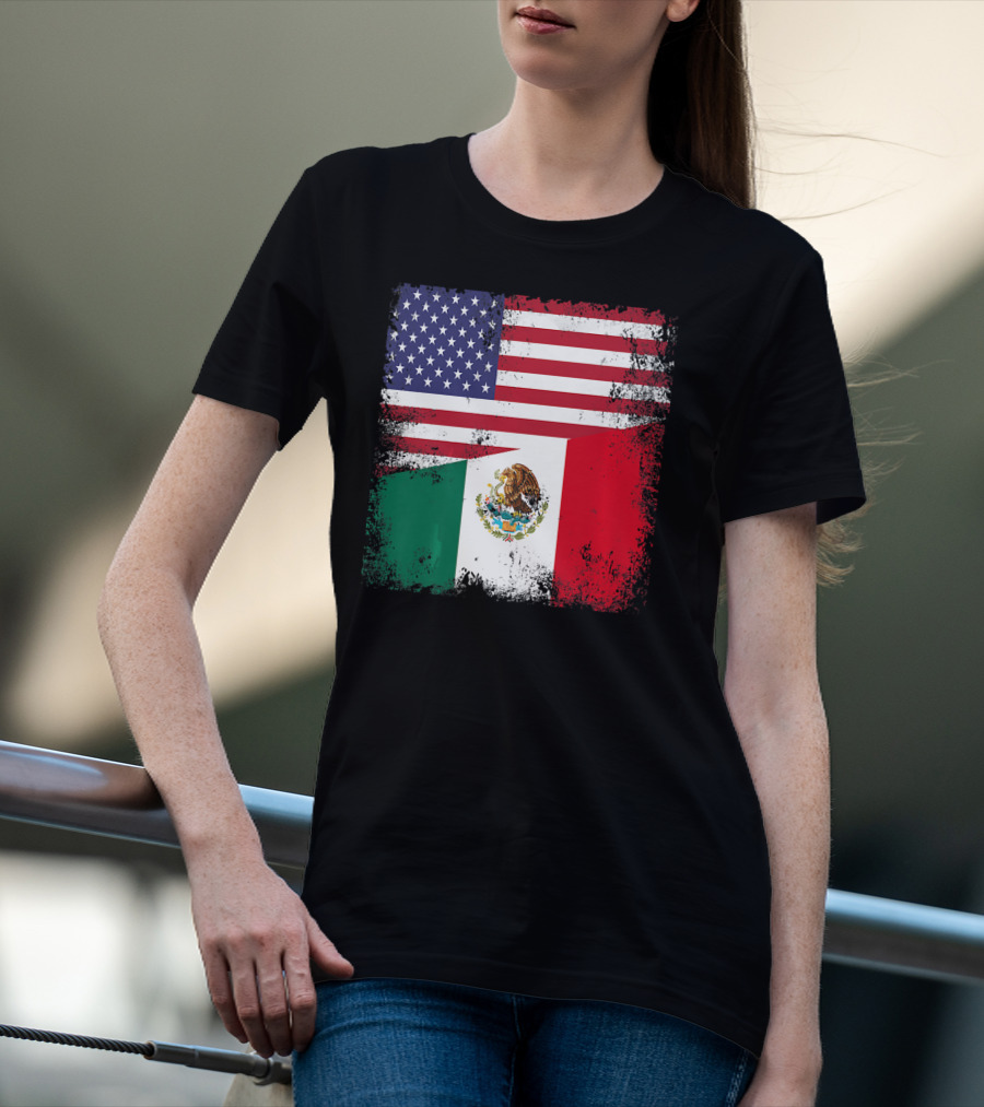 Half Mexican Flag Vintage Mexico U.S. American Flag Dual Heritage T-Shirt