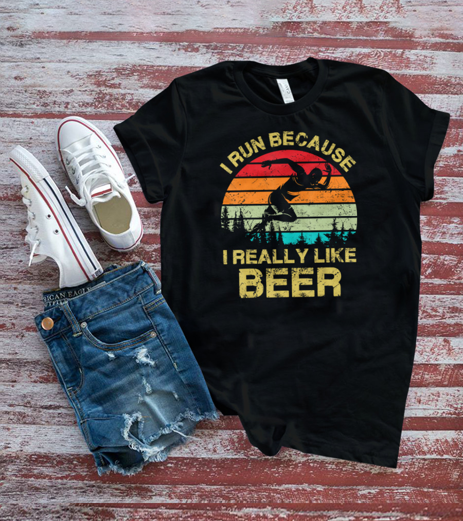 I Run Because I Really Like Beer Vintage Runner Sunset Forest T-Shirt