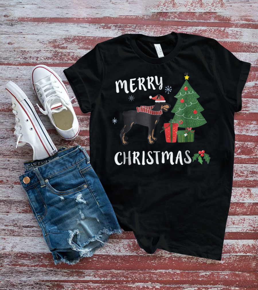 Merry Christmas Doberman With Santa Hat And Christmas Tree T-Shirt