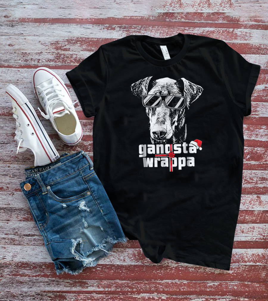Doberman Pinscher Gangsta Wrappa Christmas Santa Hat Sunglasses T-Shirt