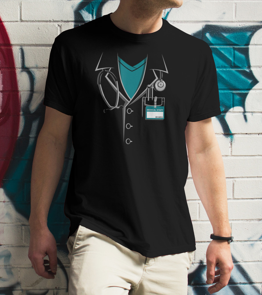 Medical Staff Doctor White Lab Coat With Stethoscope And ID Badge T-Shirt