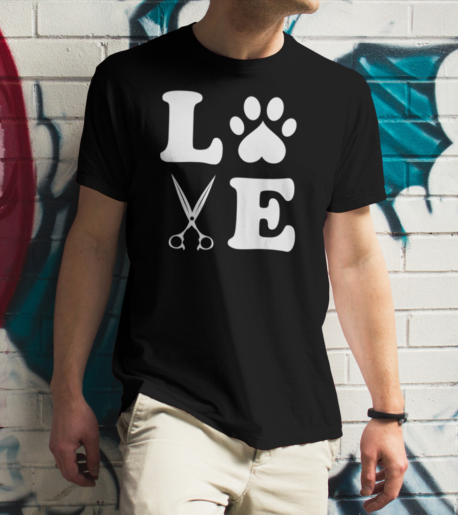 LOVE Dog Grooming With Scissors And Paw Prints T-Shirt