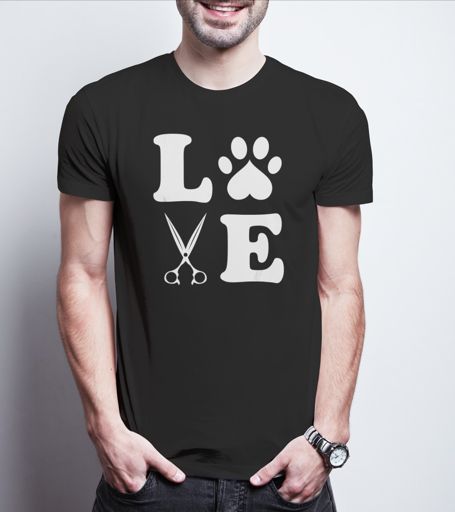 LOVE Dog Grooming With Scissors And Paw Prints T-Shirt