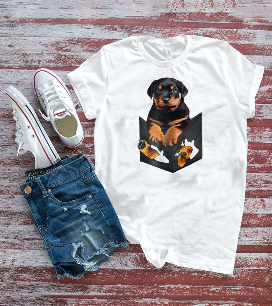 Rottweiler Puppy In Pocket T-Shirt