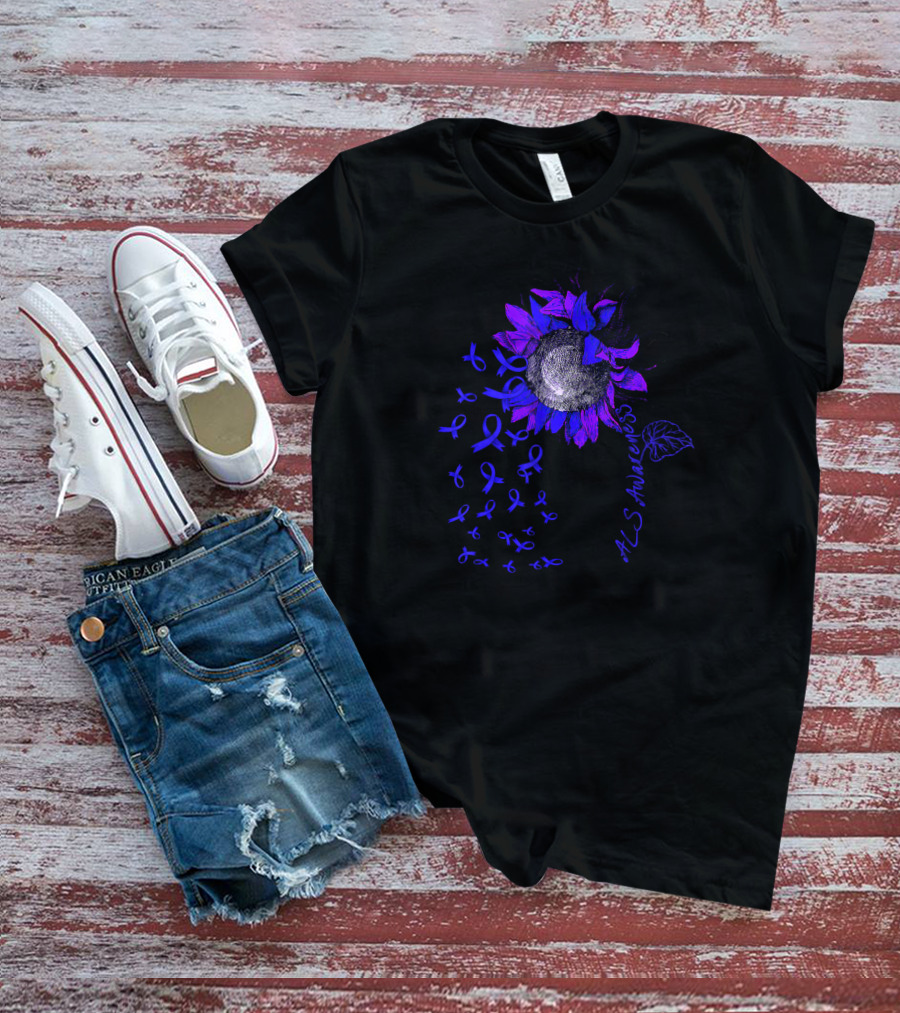 ALS Awareness Blue Sunflower With Ribbons T-Shirt