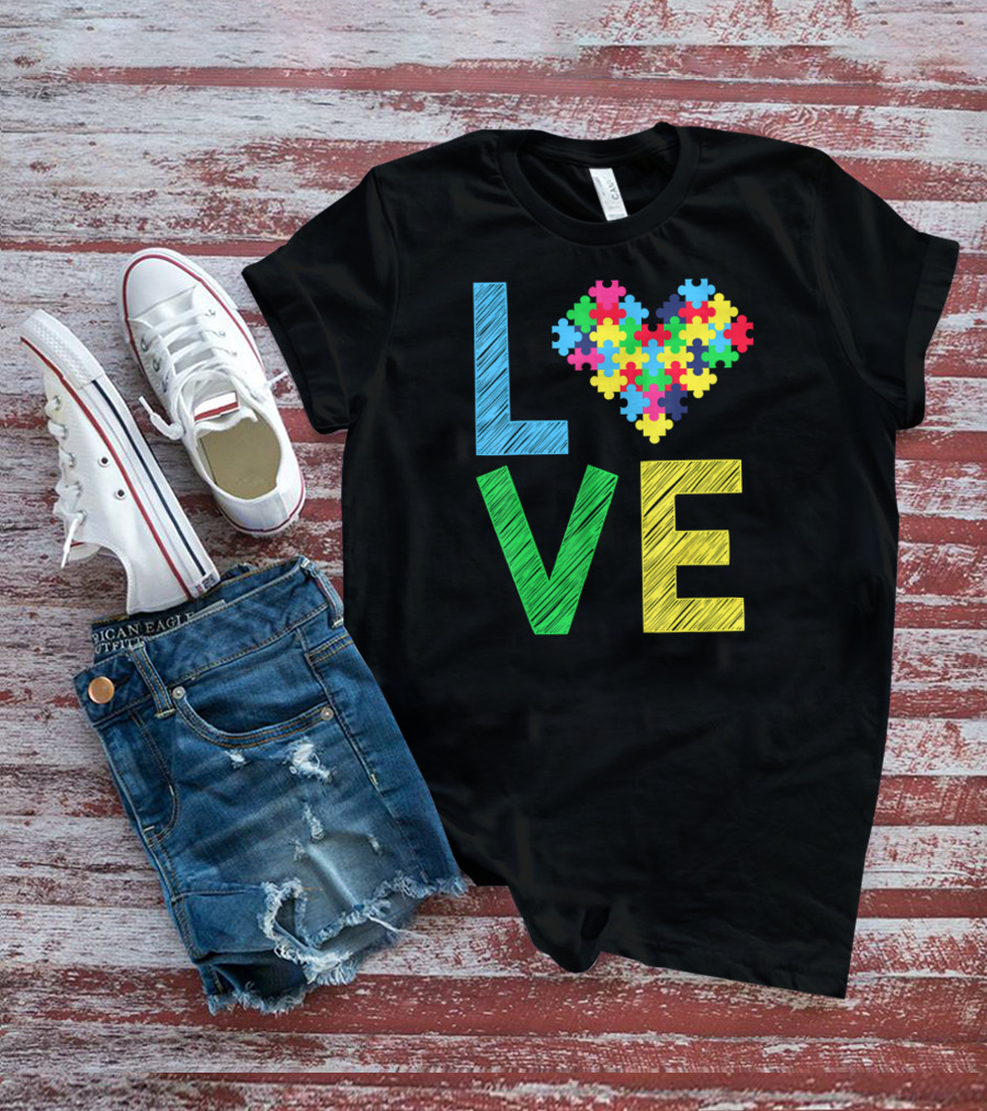 Autism Awareness Love Puzzle Heart Colorful Letters T-Shirt