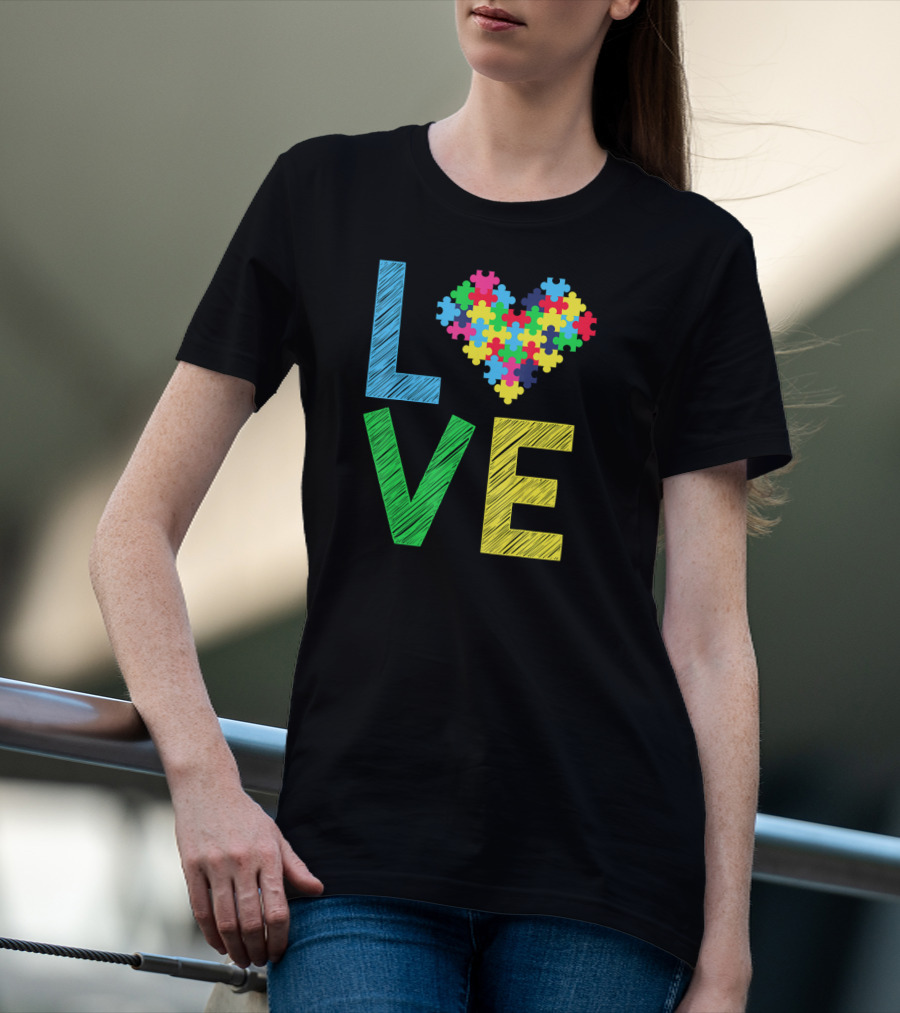 Autism Awareness Love Puzzle Heart Colorful Letters T-Shirt