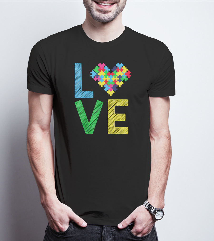 Autism Awareness Love Puzzle Heart Colorful Letters T-Shirt