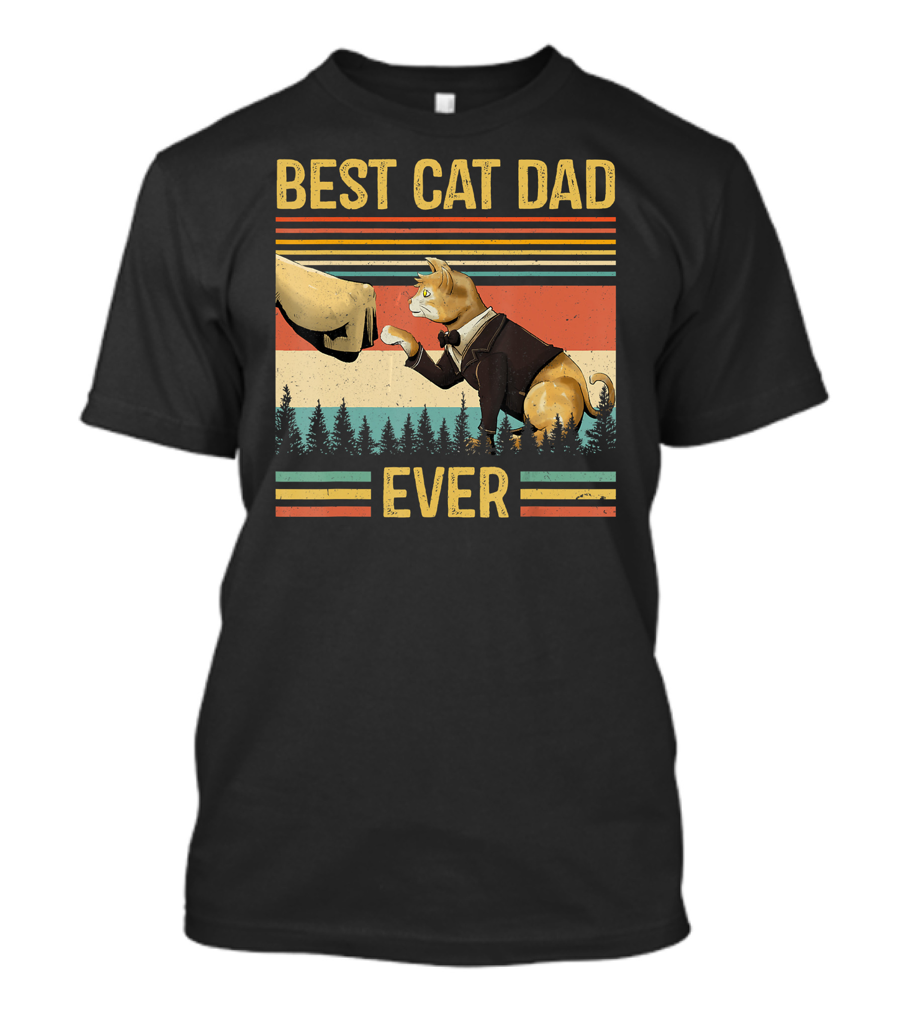 Best Cat Dad Ever Retro Paw Fist Bump Forest Stripes T-Shirt