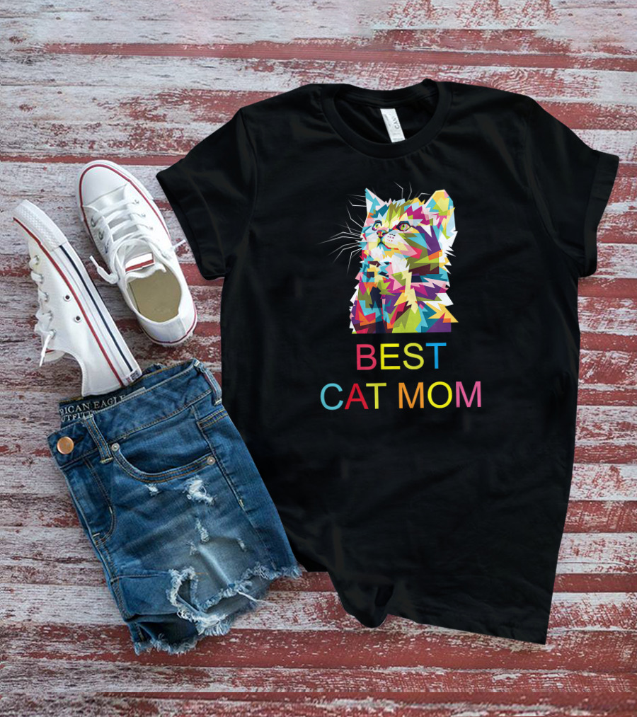Best Cat Mom Ever Cute Cat Lady Colorful Geometric Kitten T-Shirt