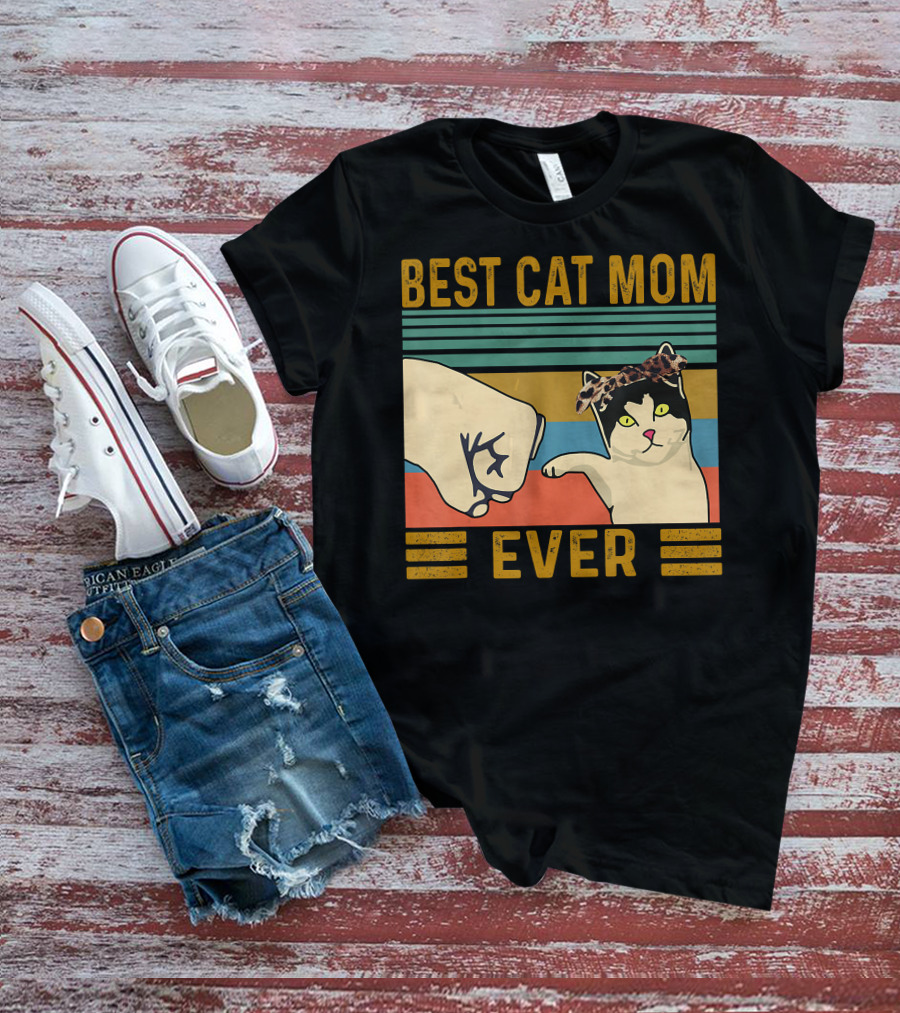 Best Cat Mom Ever Fist Bump Vintage Retro Cat With Headband T-Shirt
