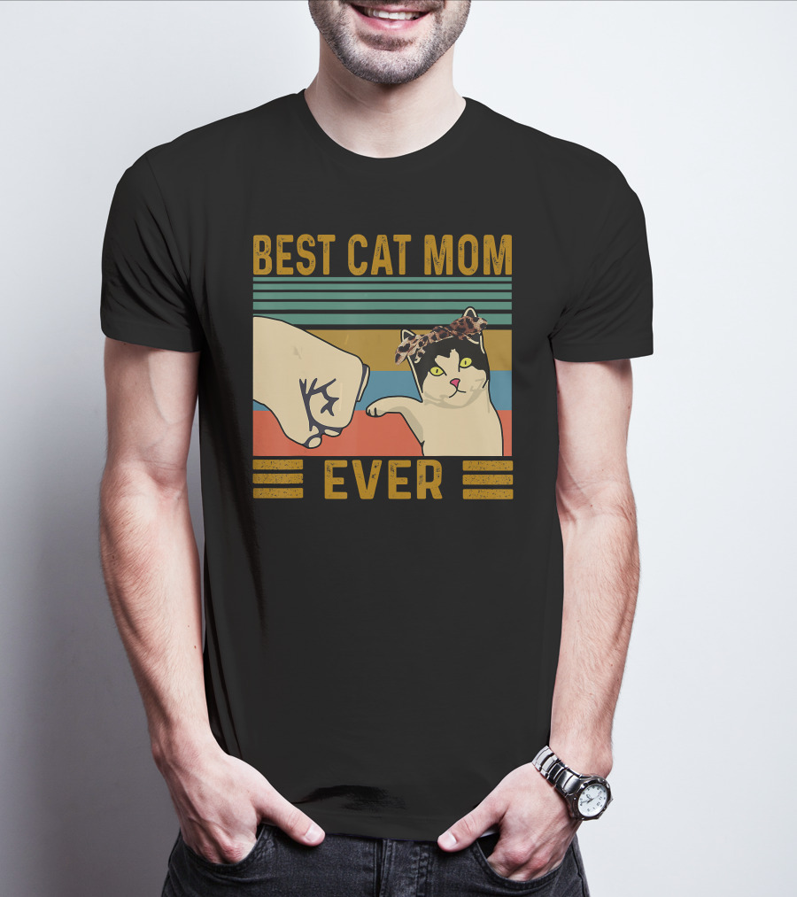 Best Cat Mom Ever Fist Bump Vintage Retro Cat With Headband T-Shirt