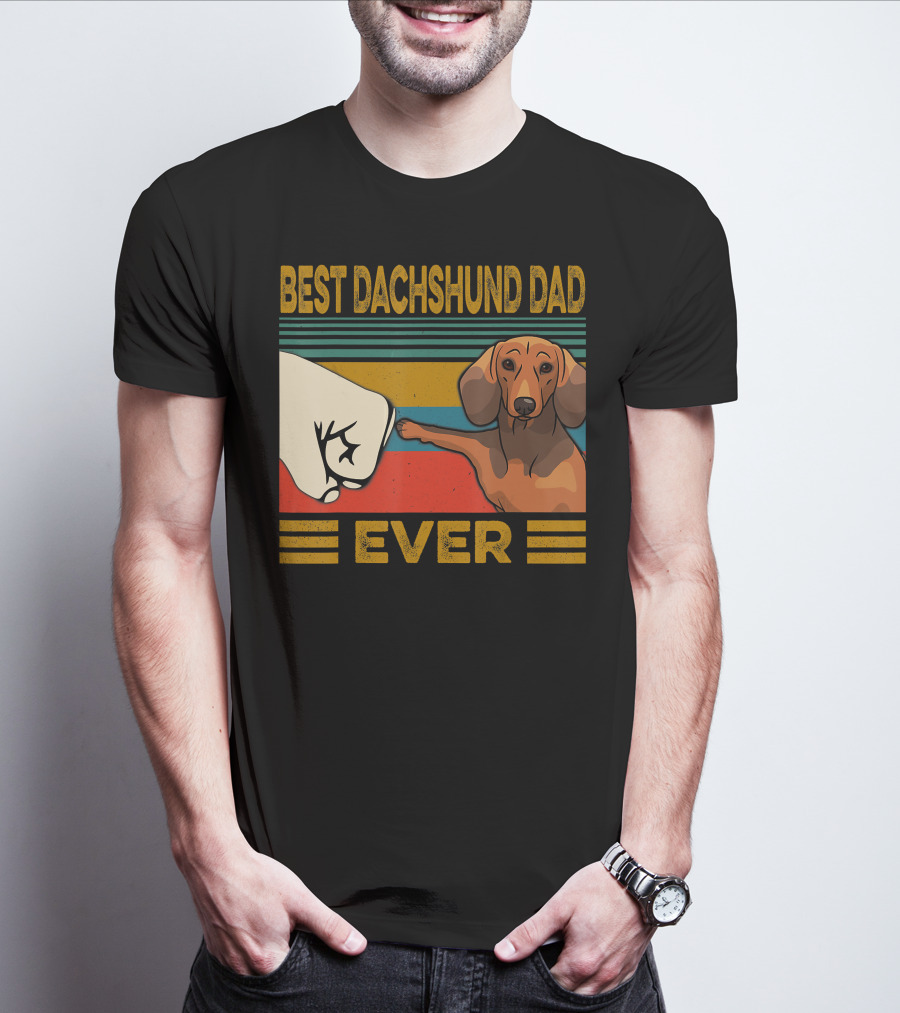 Best Dachshund Dad Ever Fist Bump Retro Stripes T-Shirt