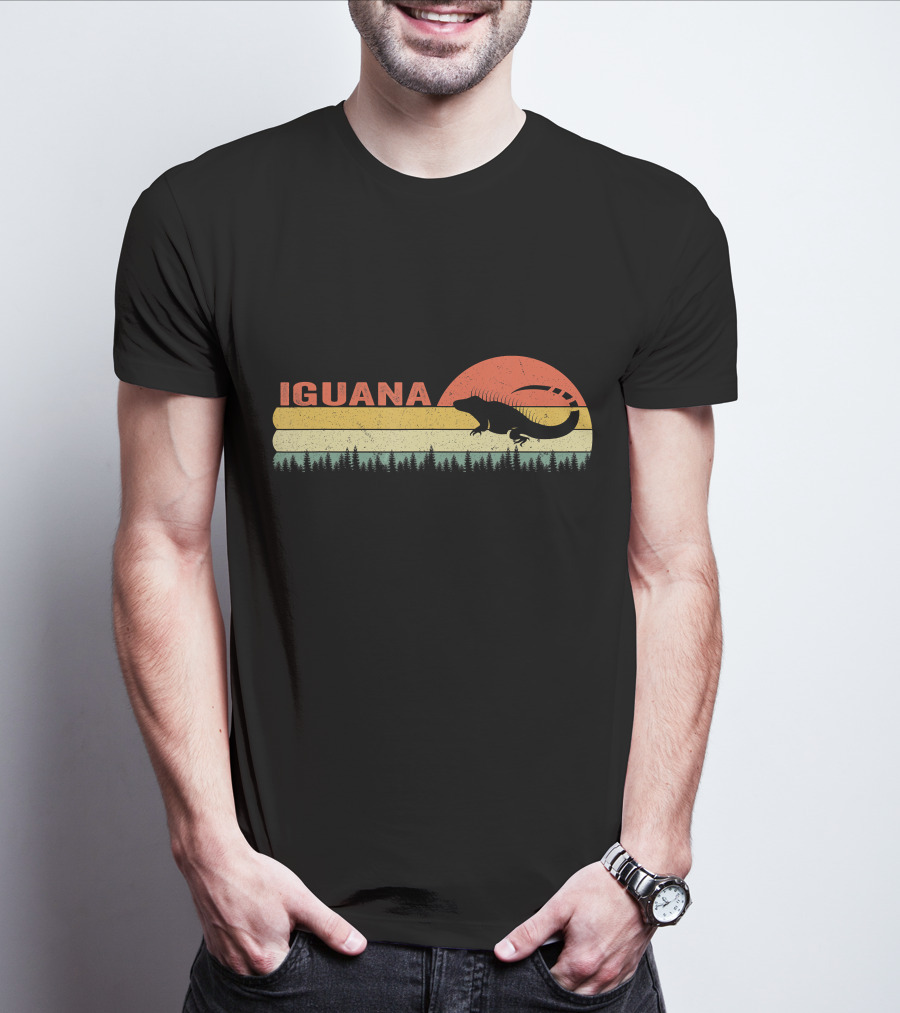 Iguana Silhouette Retro Sunset Forest Stripes T-Shirt