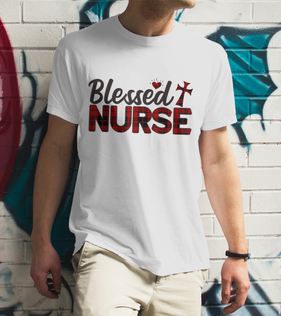 Blessed Nurse Plaid Heart Cross Christian T-Shirt