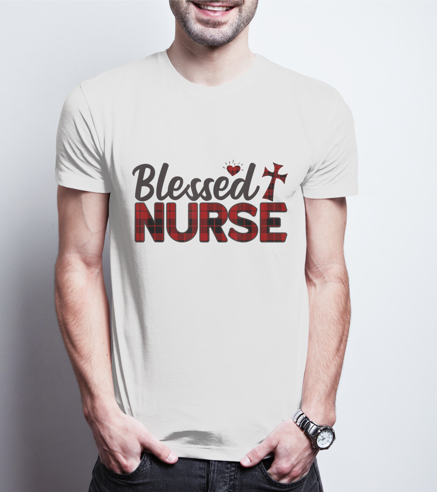 Blessed Nurse Plaid Heart Cross Christian T-Shirt