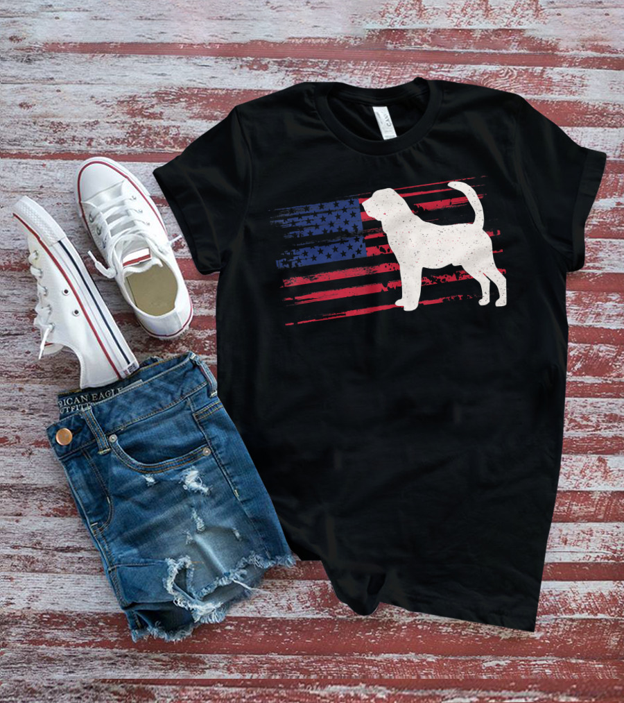 Bloodhound Puppy Silhouette With Distressed American Flag Background T-Shirt