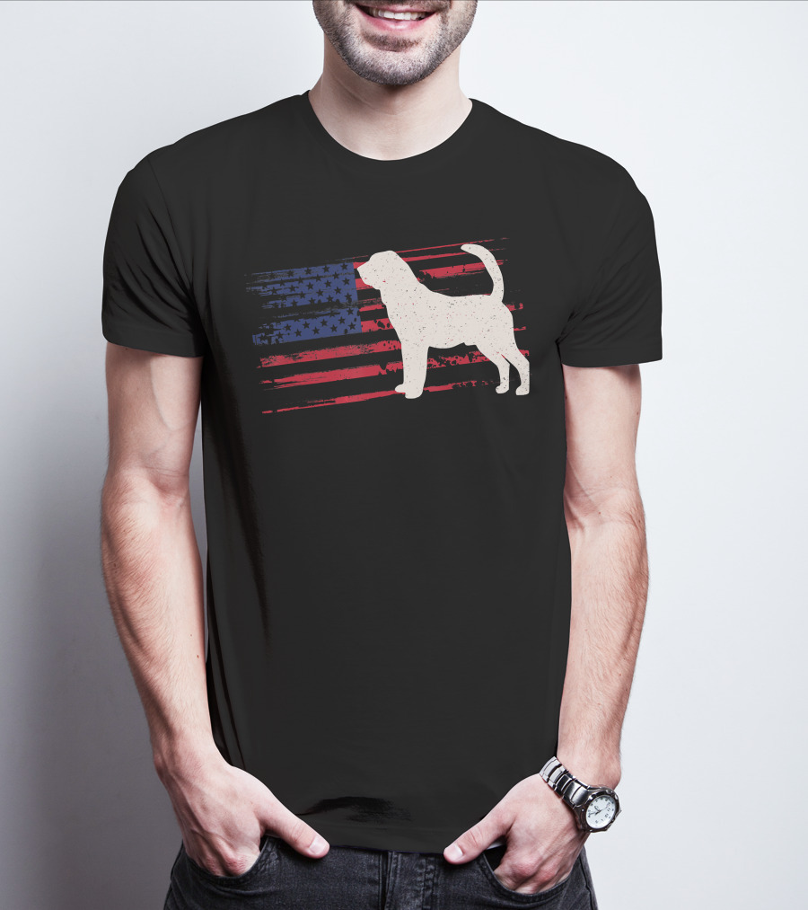 Bloodhound Puppy Silhouette With Distressed American Flag Background T-Shirt