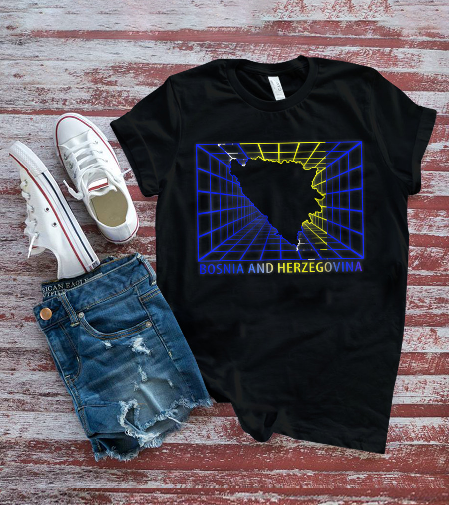 Bosnia And Herzegovina Map Bosnian Neon Grid T-Shirt