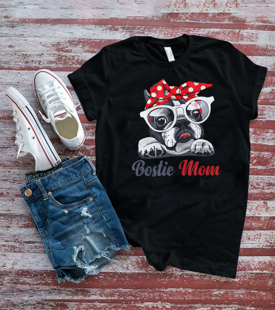 Bostie Mom Boston Terrier Dog With Red Polka Dot Bandana And Glasses T-Shirt