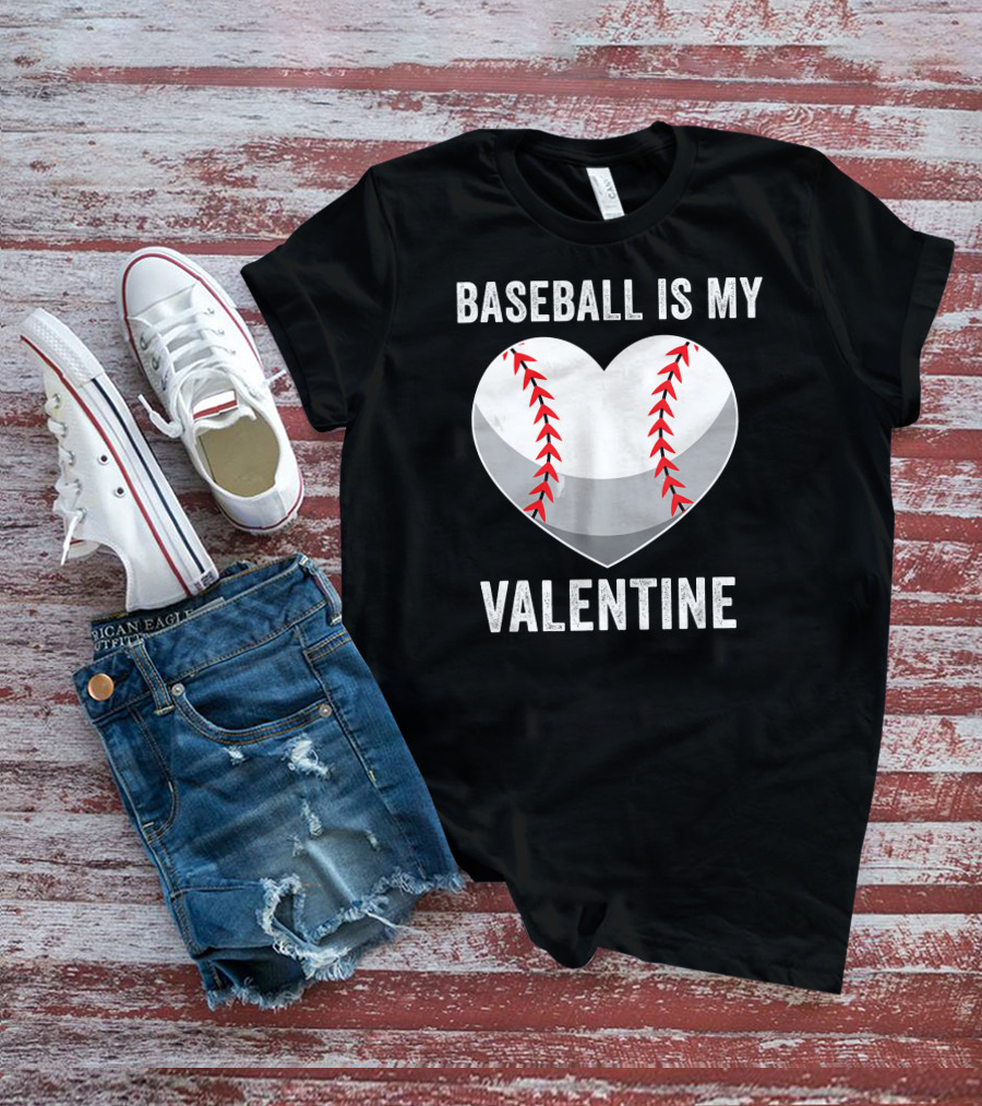 Baseball Is My Valentine Heart Boys Valentine's Day Baseball Player T-Shirt