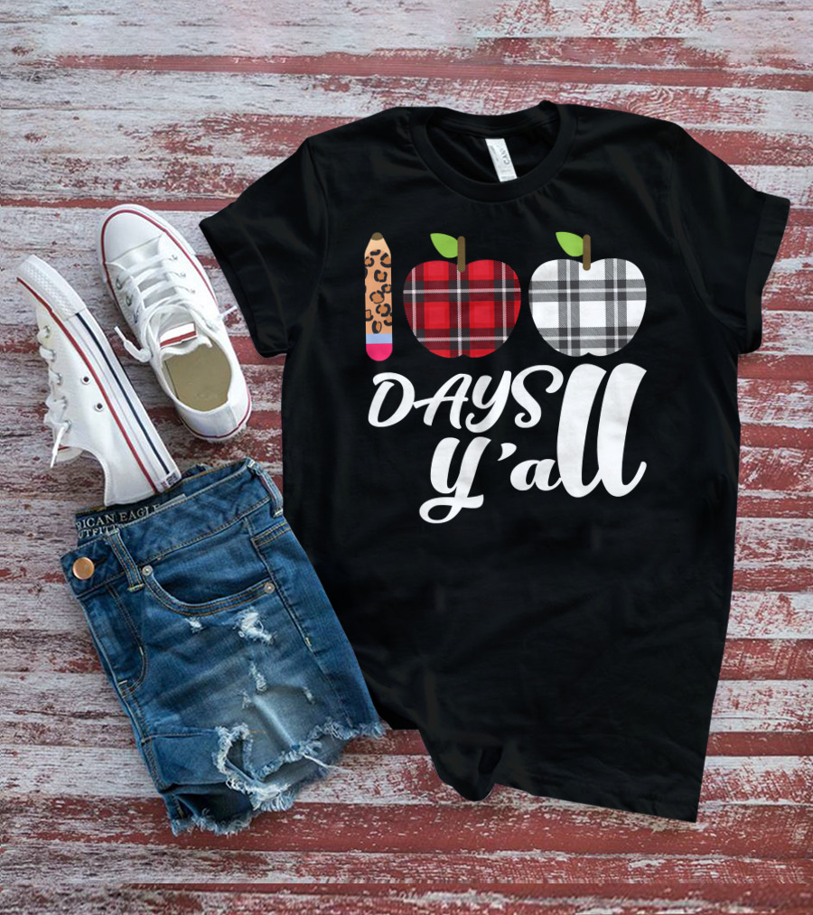 Buffalo Plaid Leopard Pencil 100 Days Y'all Apples T-Shirt