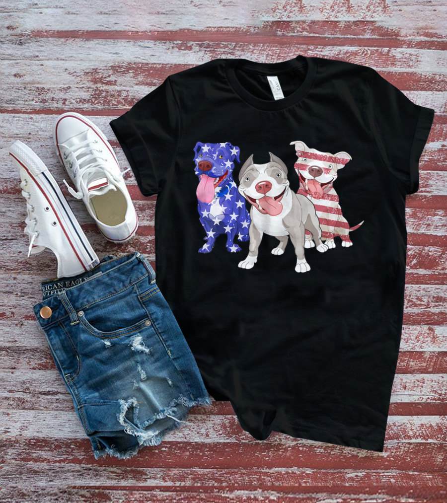 Three Pitbulls American Flag July T-Shirt