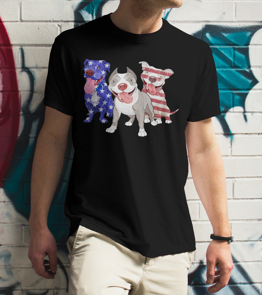 Three Pitbulls American Flag July T-Shirt