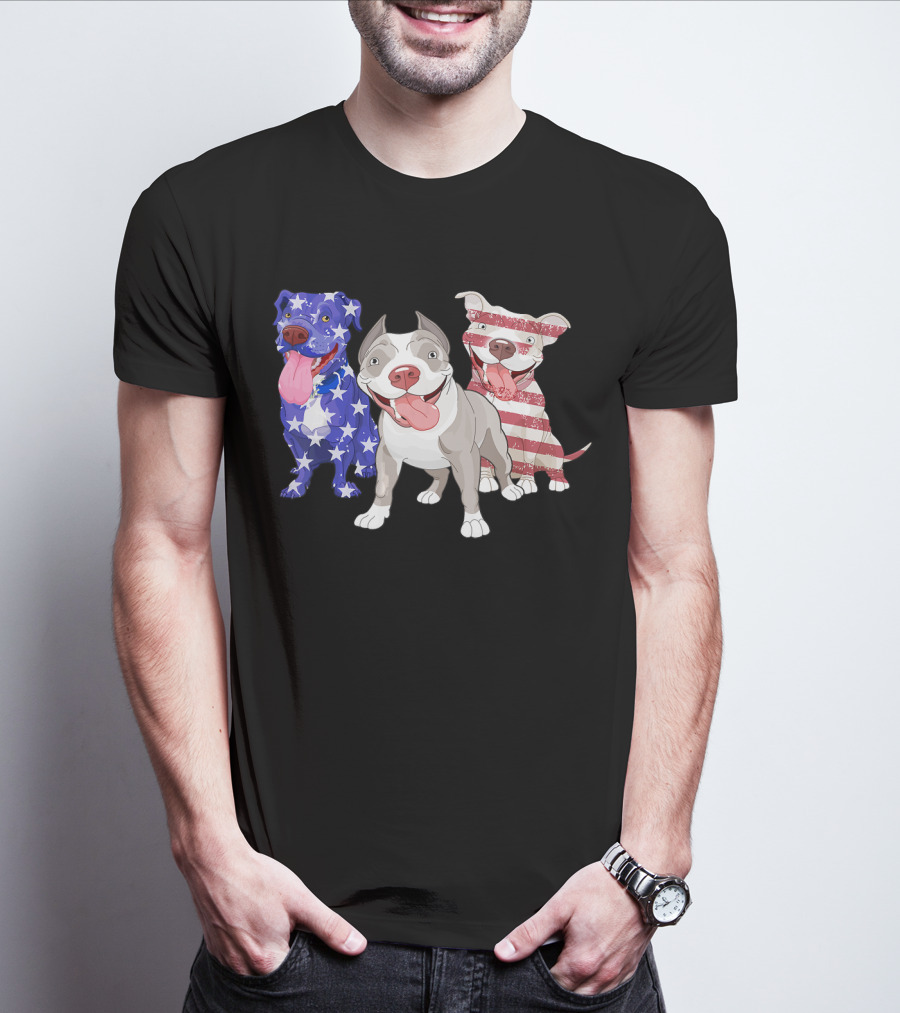 Three Pitbulls American Flag July T-Shirt