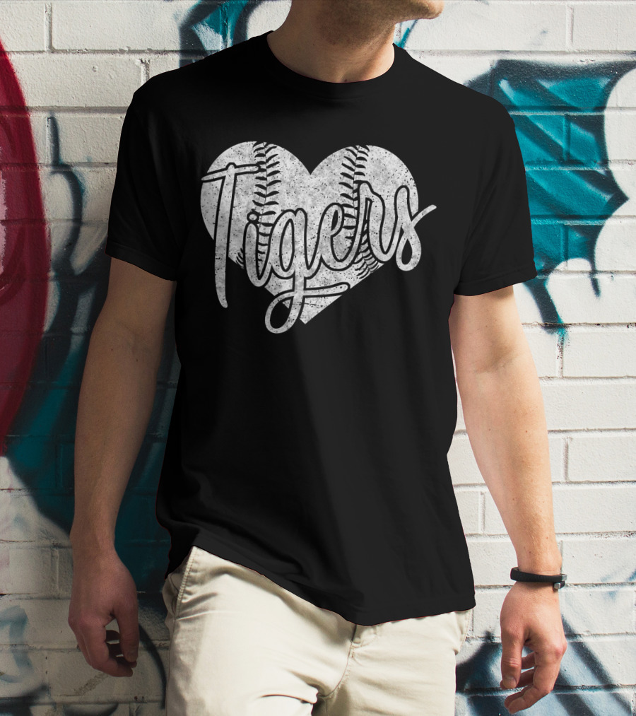 Tigers Baseball Softball High School Heart Stitch T-Shirt