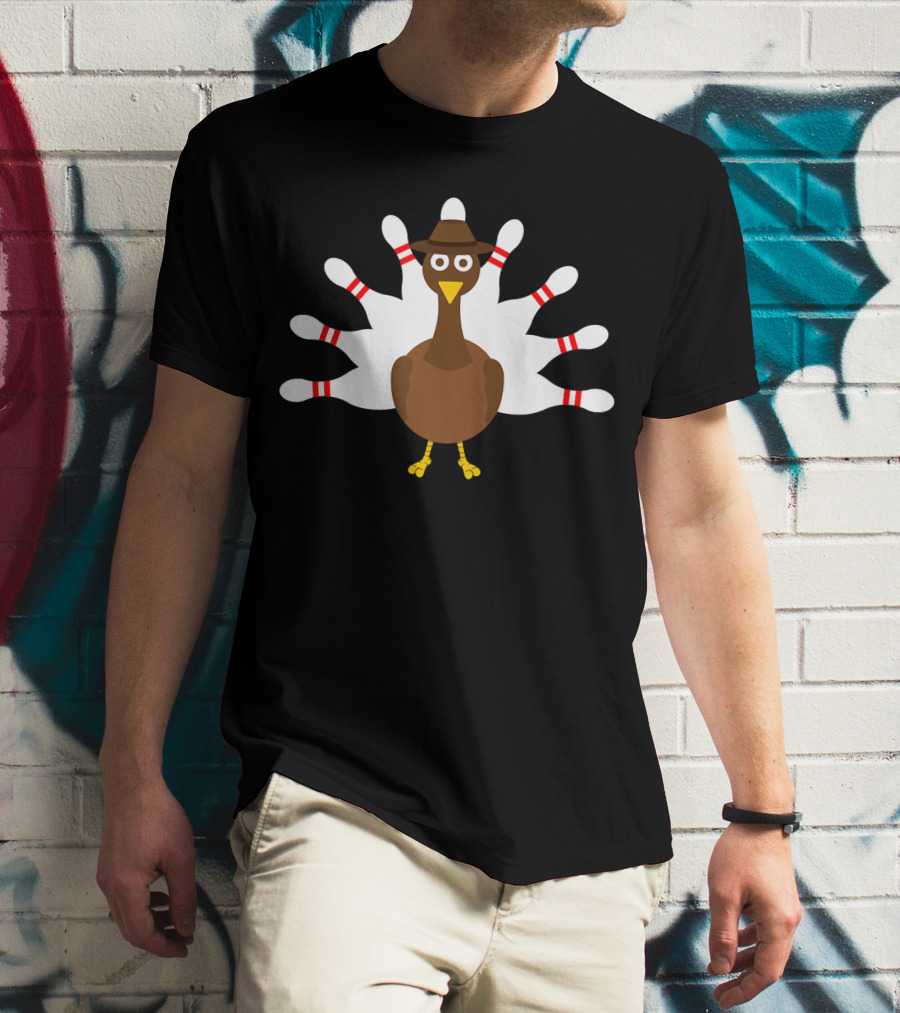 Turkey Bowling Bowler With Hat And Pin Feathers T-Shirt