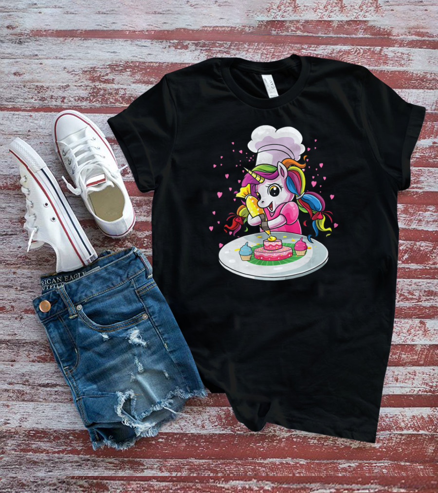 Unicorn Chef Decorating Colorful Cupcakes And Cake T-Shirt