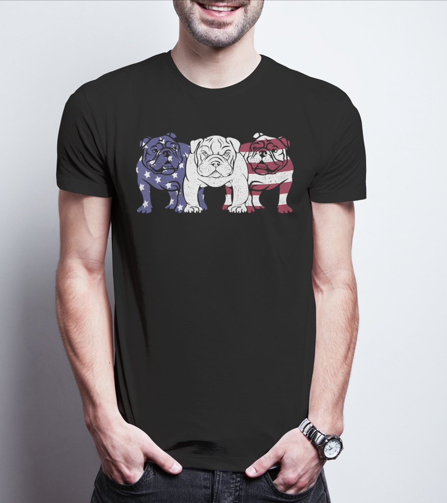 Unique Bulldog Trio American Flag T-Shirt