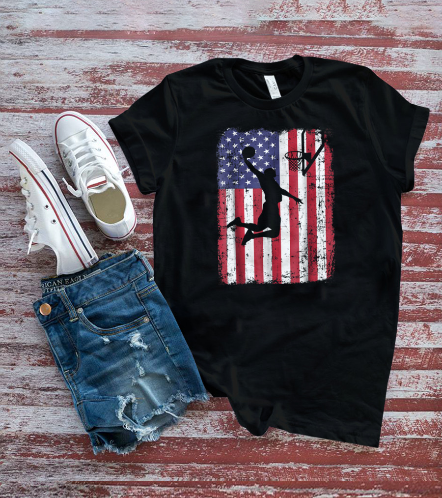 USA American Flag Basketball Dunk T-Shirt