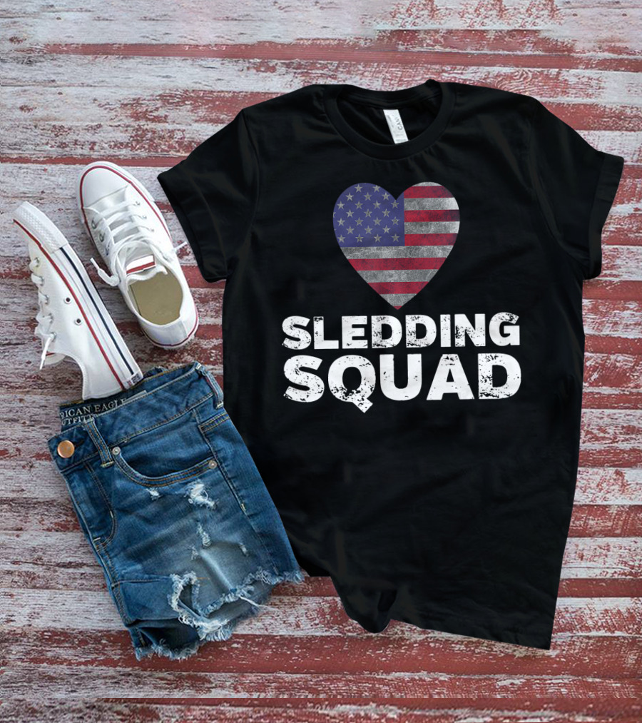 USA Flag Heart Sledding Squad Team T-Shirt