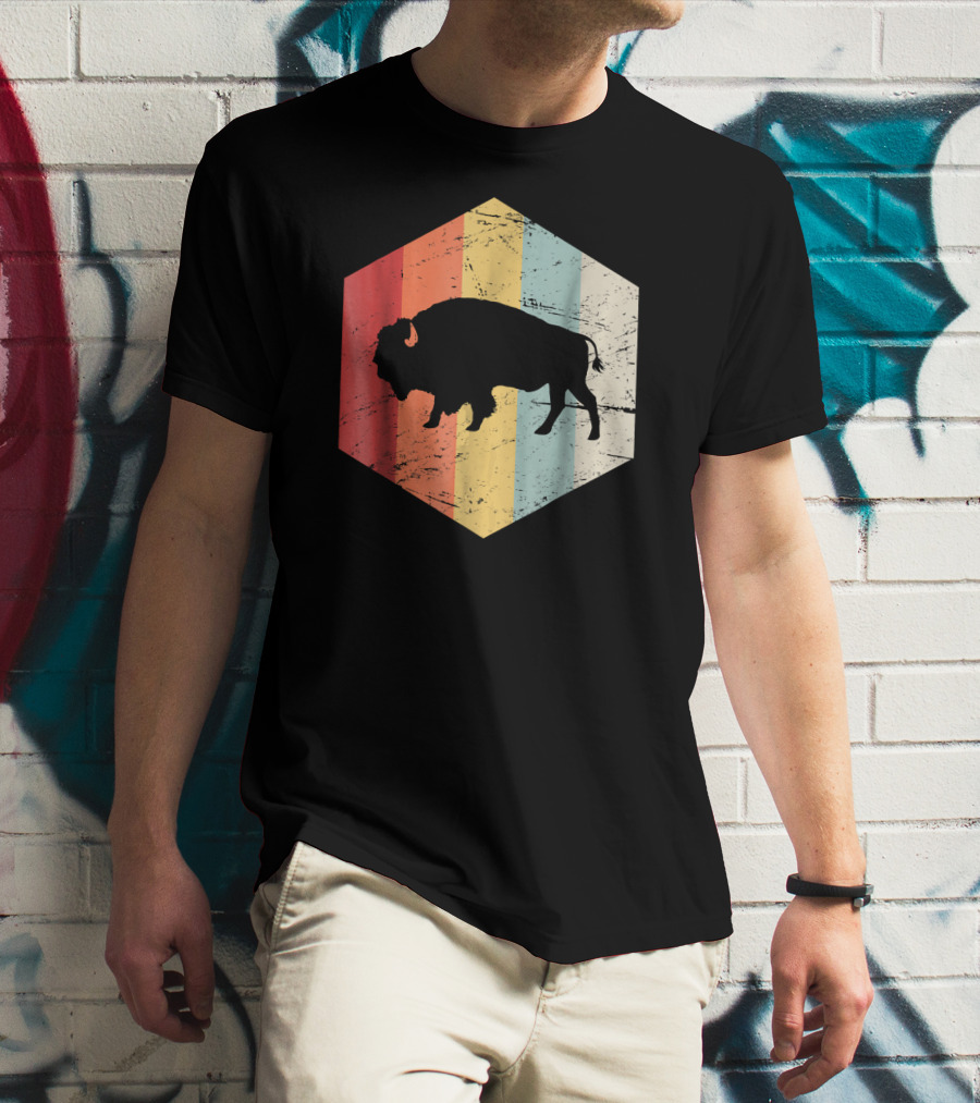 Vintage Buffalo Silhouette Retro Stripes Hexagon T-Shirt