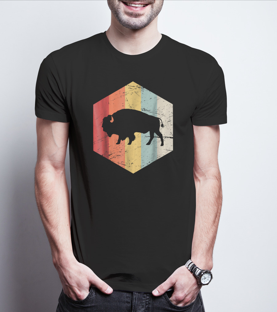 Vintage Buffalo Silhouette Retro Stripes Hexagon T-Shirt