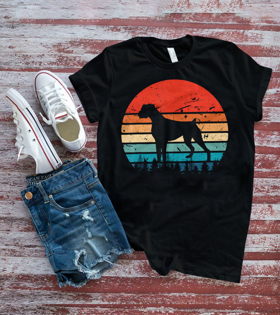 Vintage Boxer Dog Silhouette Retro Sunset Stripes Forest Scene T-Shirt