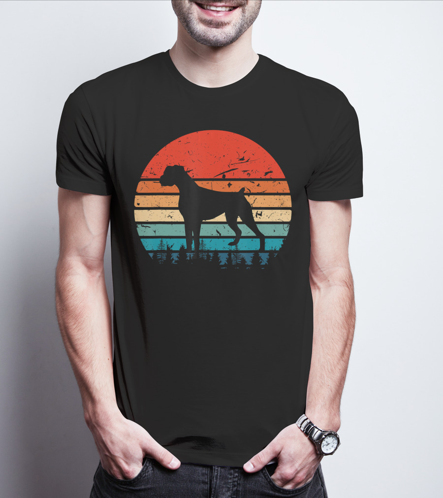 Vintage Boxer Dog Silhouette Retro Sunset Stripes Forest Scene T-Shirt
