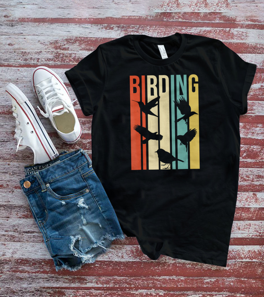 Vintage Style Birding For Birders With Bird Silhouettes On Colorful Stripes T-Shirt