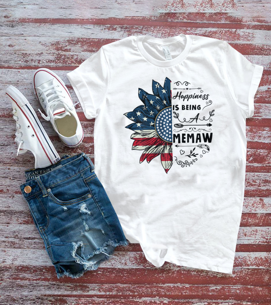 Happiness Is Being A Memaw Sunflower American Flag T-Shirt