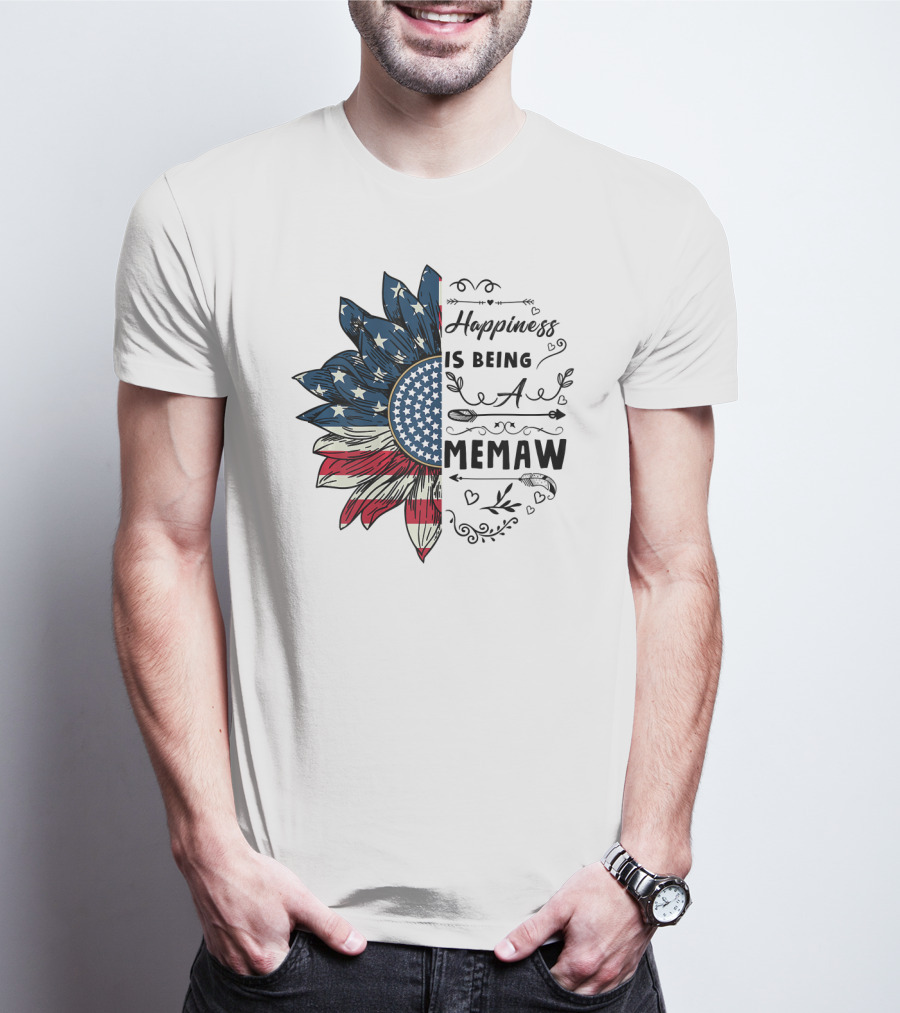Happiness Is Being A Memaw Sunflower American Flag T-Shirt