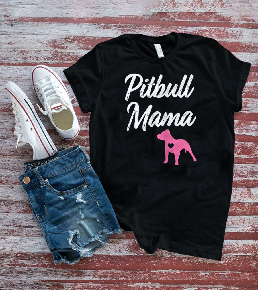 Pitbull Mama Funny Womens Pit With Pink Heart Dog T-Shirt