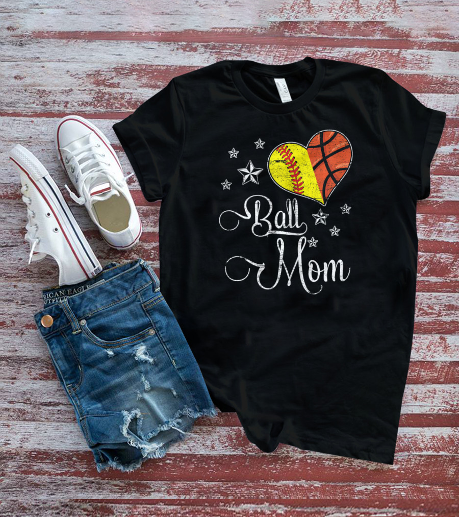 Proud Softball Basketball Ball Mom Star Heart T-Shirt