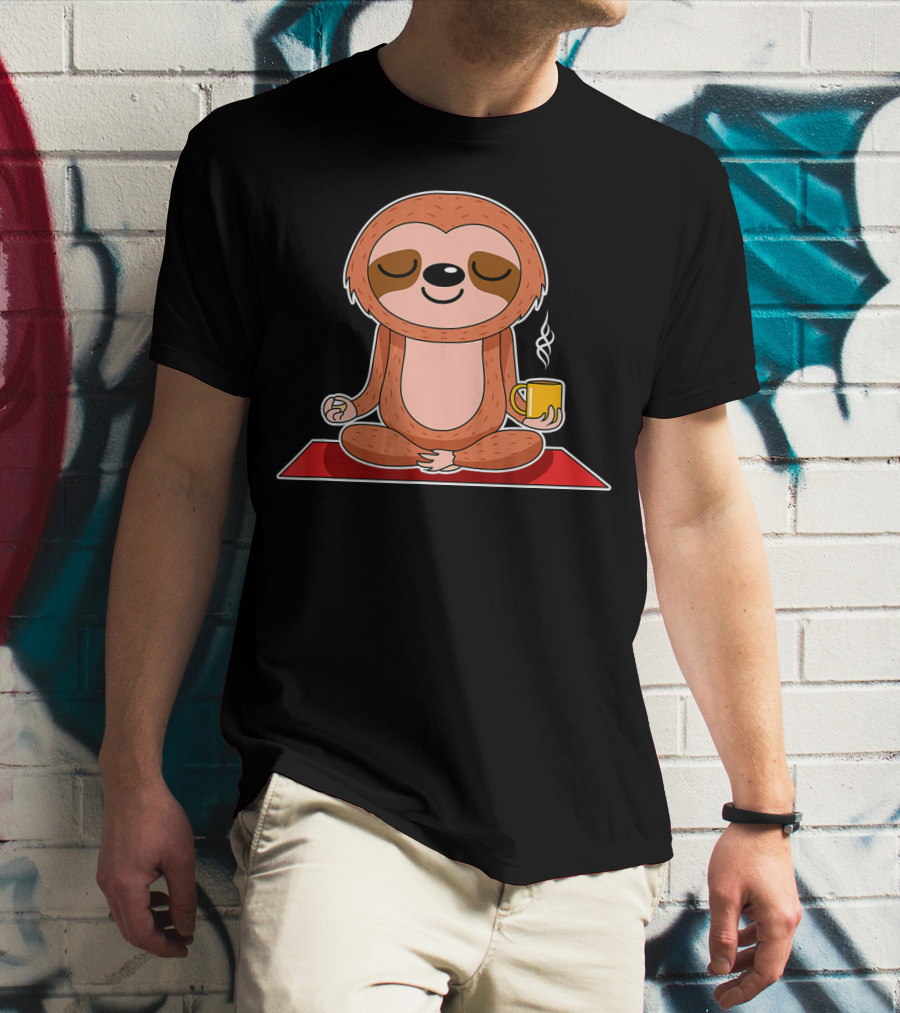 Yoga Sloth Funny Workout Fitness Casual Relaxing Meditation With Coffee T-Shirt