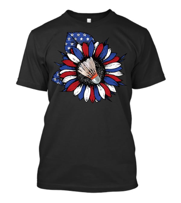 American Flag Sunflower With Badminton Birdie Center T-Shirt