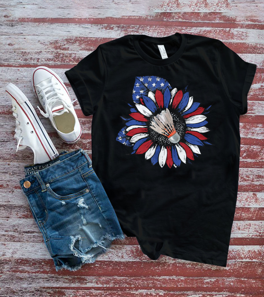 American Flag Sunflower With Badminton Birdie Center T-Shirt