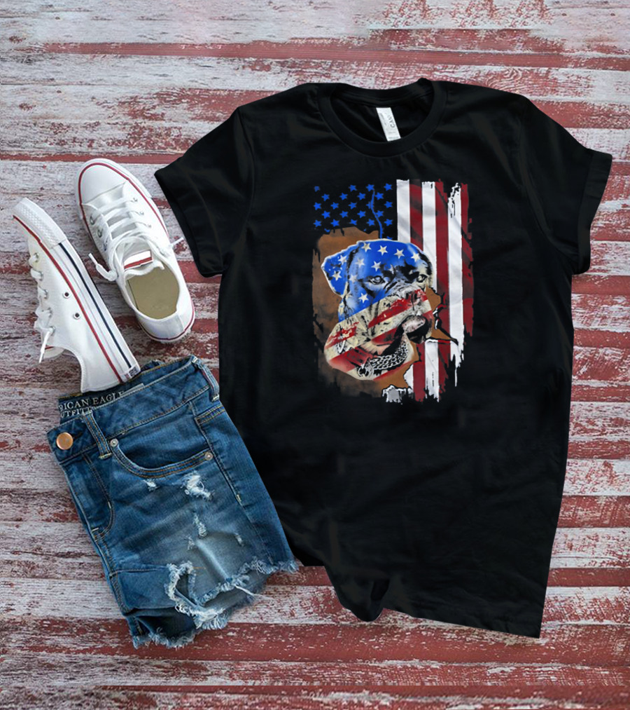 Tattoos Boxer Dog With American Flag Background T-Shirt