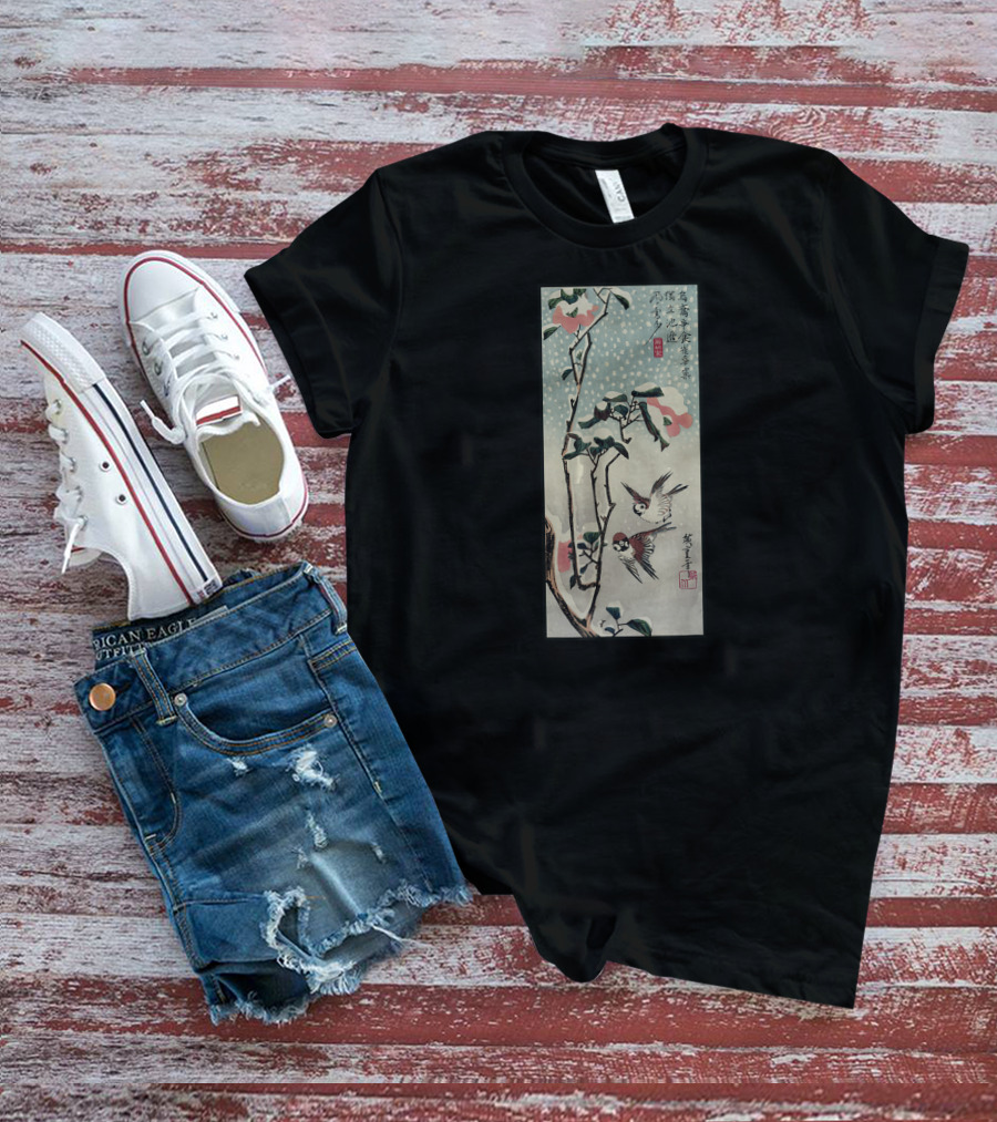 Japanese Woodblock Print Birds And Cherry Blossom Tree T-Shirt